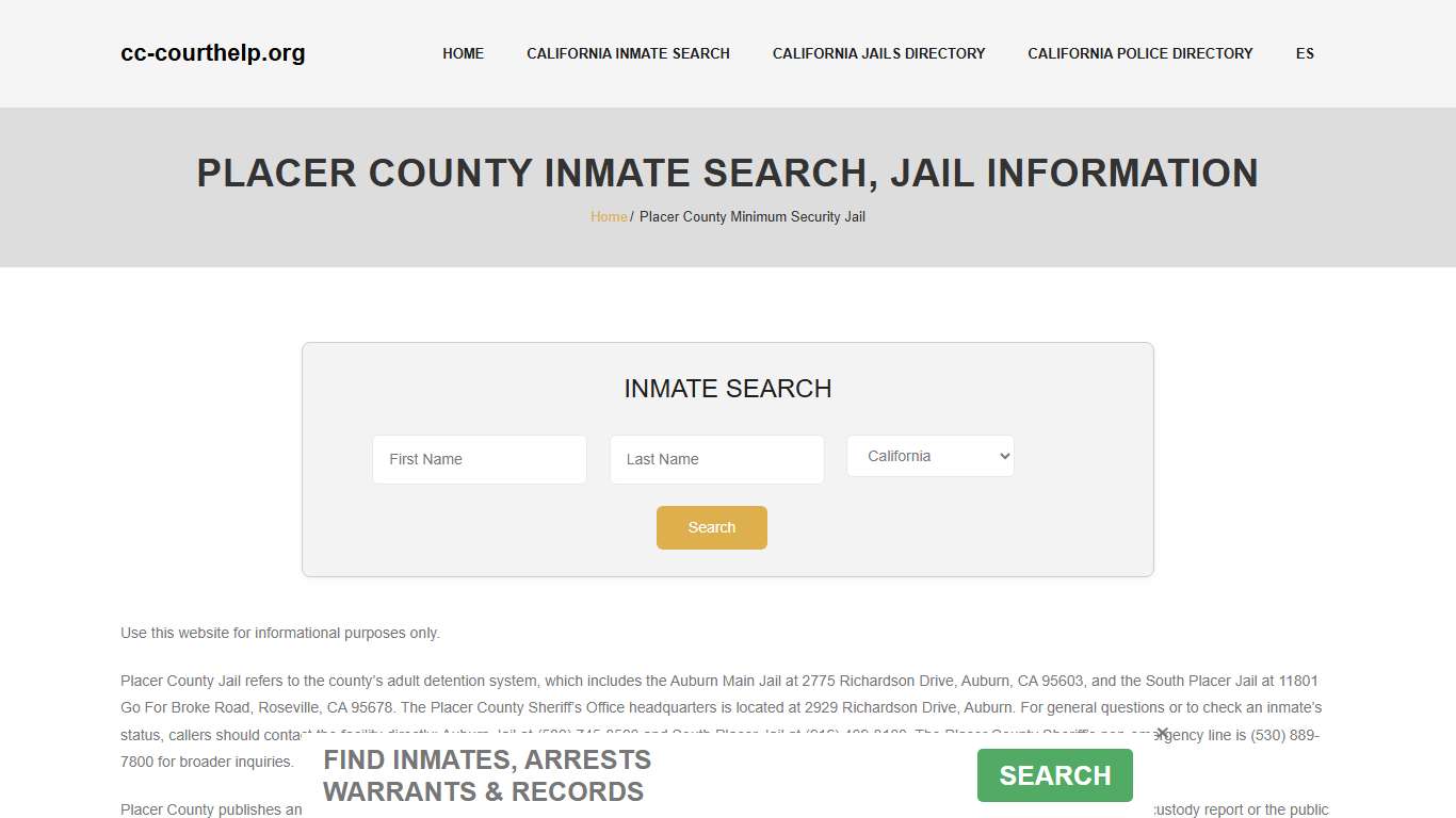 Placer County Inmate Lookup, Jail Roster