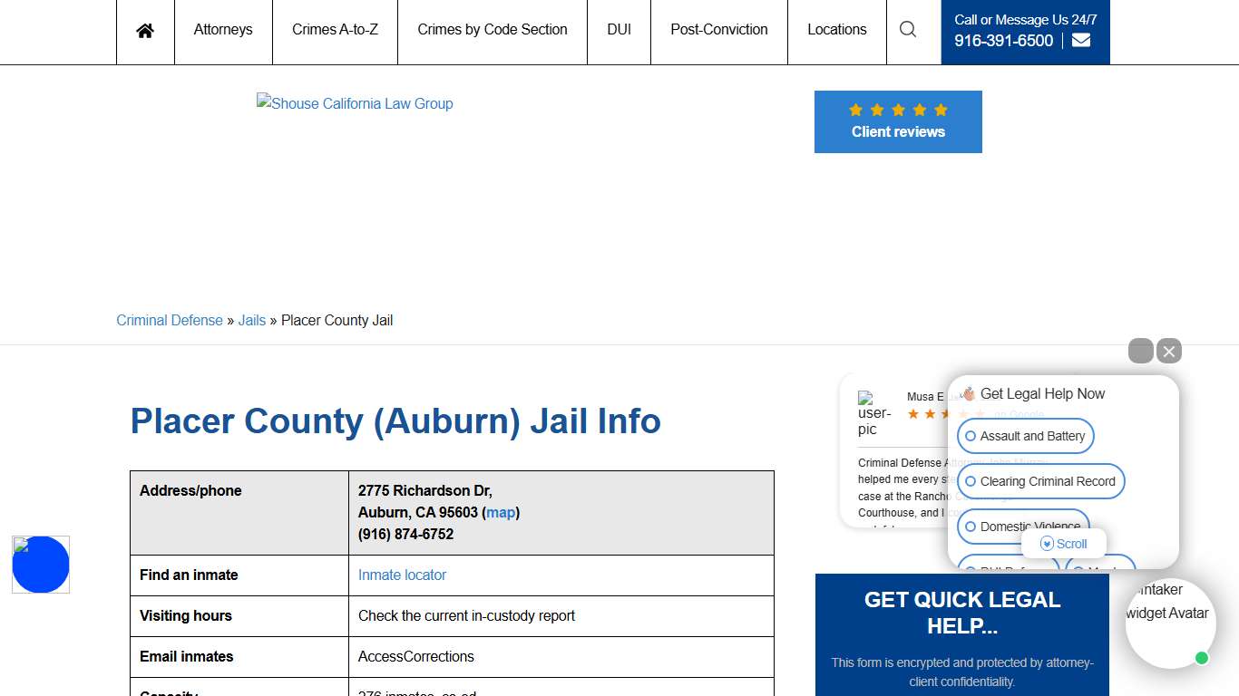 Placer County (Auburn) Jail Info